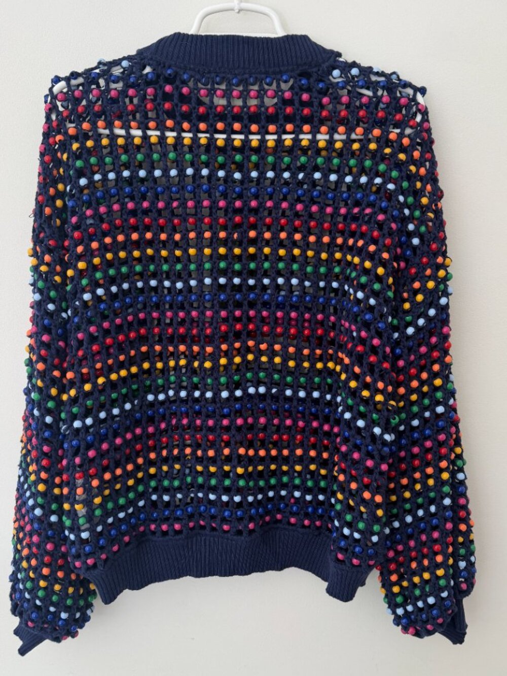 Farm Rio Navy Blue Topanga Rainbow Beaded Crochet Knit Sweater New With Tags - Picture 8 of 8